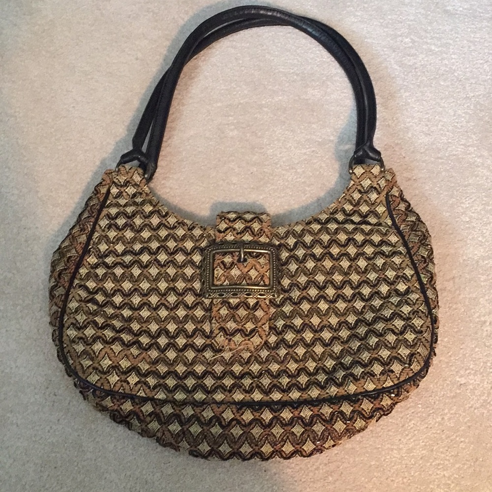 Woven Textured Shoulder Bag in Tan and Black